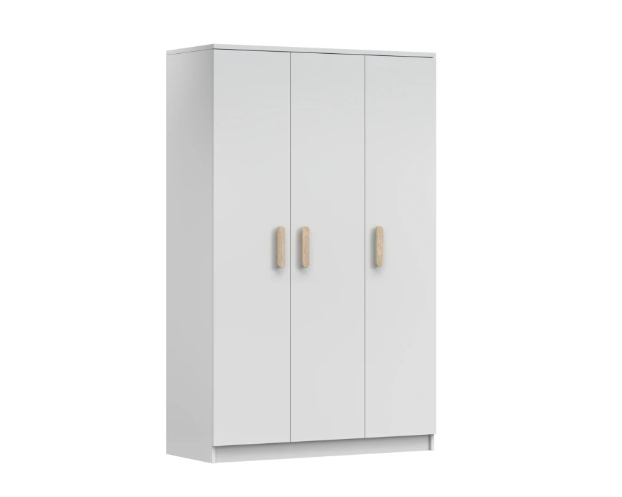 Elegante witte kledingkast met drie deuren en decoratieve handgrepen in houtlook.