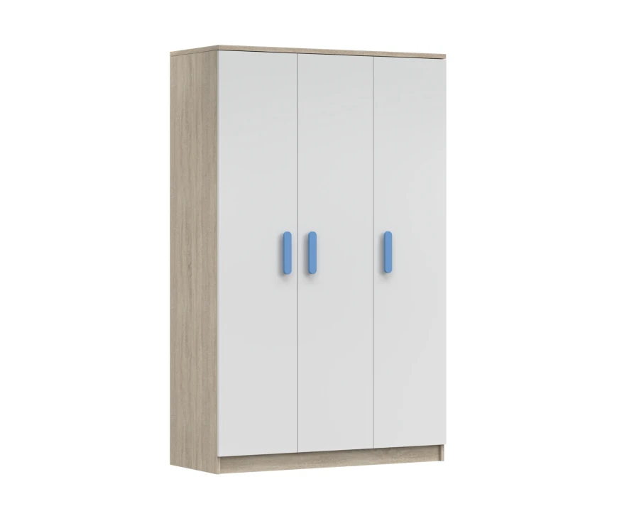 Kledingkast 3-deurs wit eikenlook met blauwe handgrepen