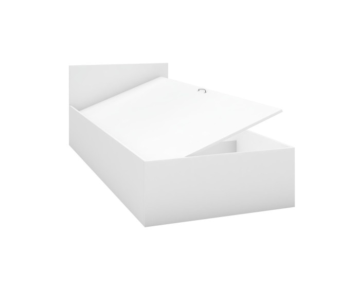 Funktionales weißes Bett mit aufklappbarem Bettkasten für zusätzlichen Stauraum.