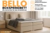 Infografik zum Bello Boxspringbett mit Merkmalen wie Bettkästen, Farbwahl und 3 cm Kaltschaum-Topper.