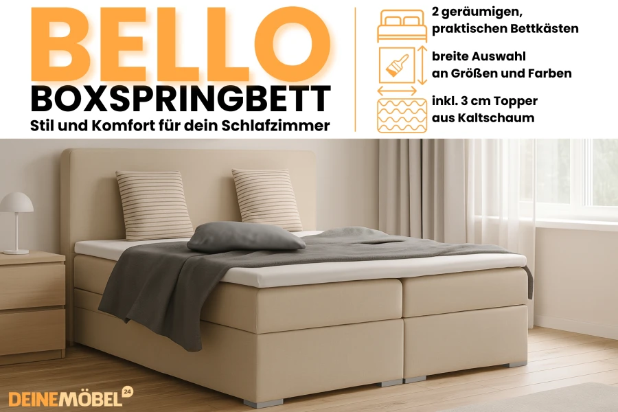 Infografik zum Bello Boxspringbett mit Merkmalen wie Bettkästen, Farbwahl und 3 cm Kaltschaum-Topper.