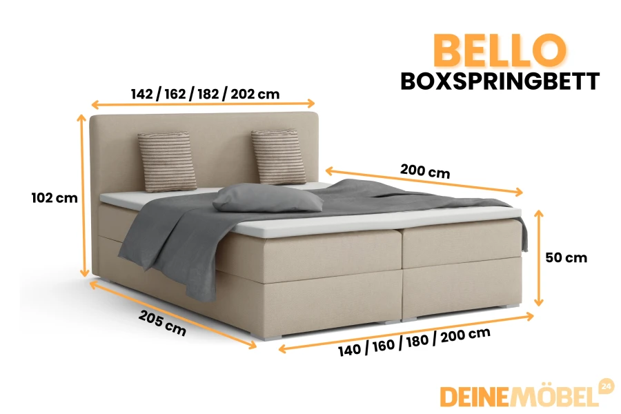 Maßangaben für das Bello Boxspringbett: Übersicht der verschiedenen Größen und Abmessungen.