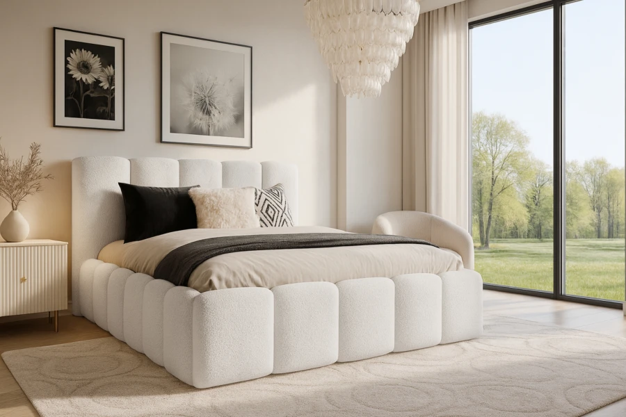 Modernes weißes Bouclé-Bett in einem lichtdurchfluteten Schlafzimmer.