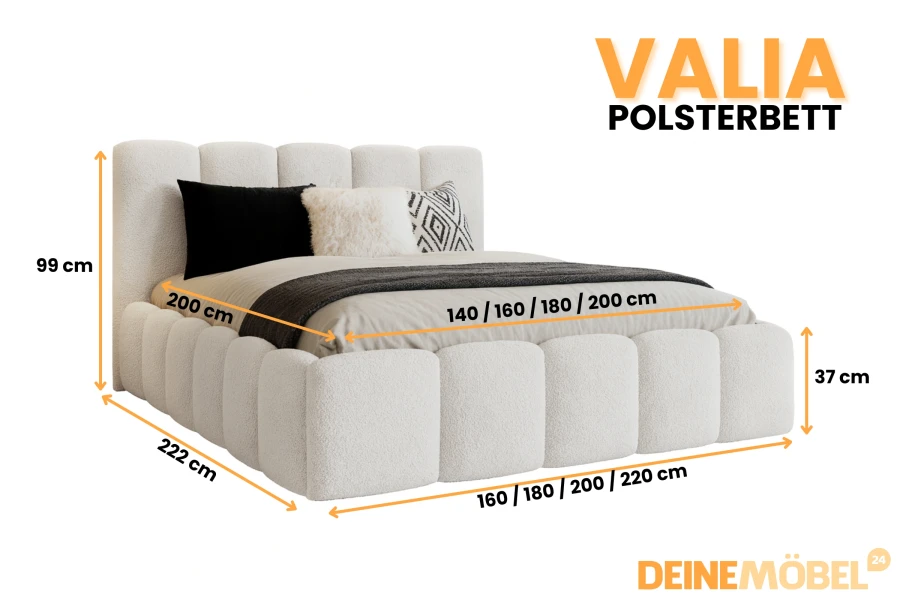 Maßangaben und verfügbare Größen für das Polsterbett Valia in Weiß.