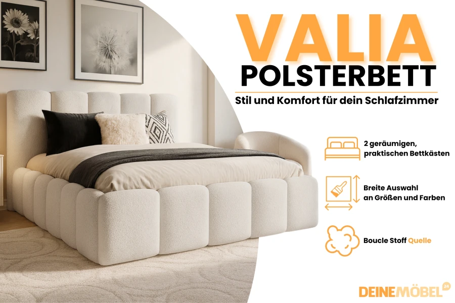 Infografik zum Valia Polsterbett mit Bettkasten und Bouclé-Stoff für das Schlafzimmer.