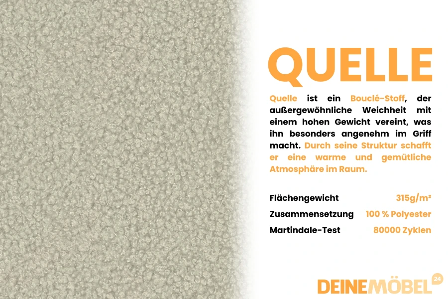 Detailansicht beige Bouclé-Stoff Quelle mit technischer Beschreibung für Möbelbezüge.
