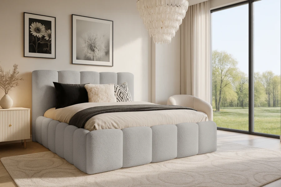 Modernes graues Polsterbett in einem hellen, stilvoll eingerichteten Schlafzimmer.