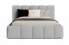 Stilvolles graues Bett mit gepolstertem Rahmen und Kopfteil in Frontalansicht.
