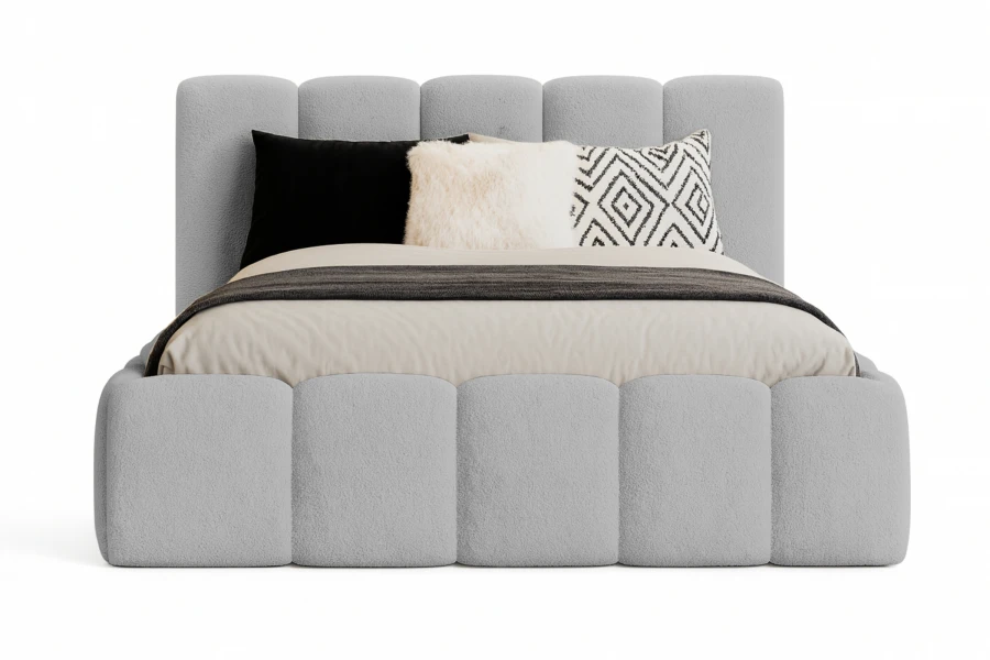 Stilvolles graues Bett mit gepolstertem Rahmen und Kopfteil in Frontalansicht.