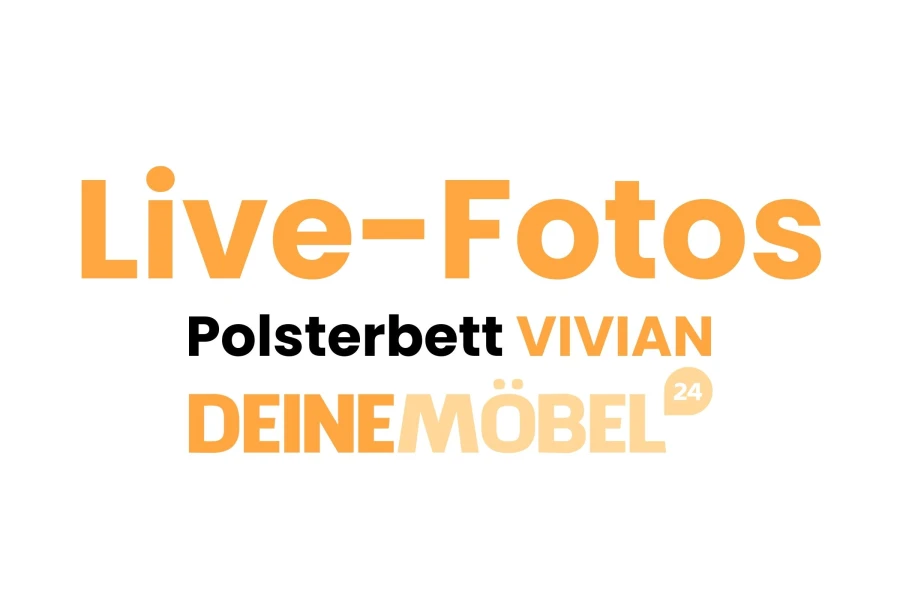 Schriftzug Live-Fotos Polsterbett Vivian von Deinemöbel24 in Orange und Schwarz.