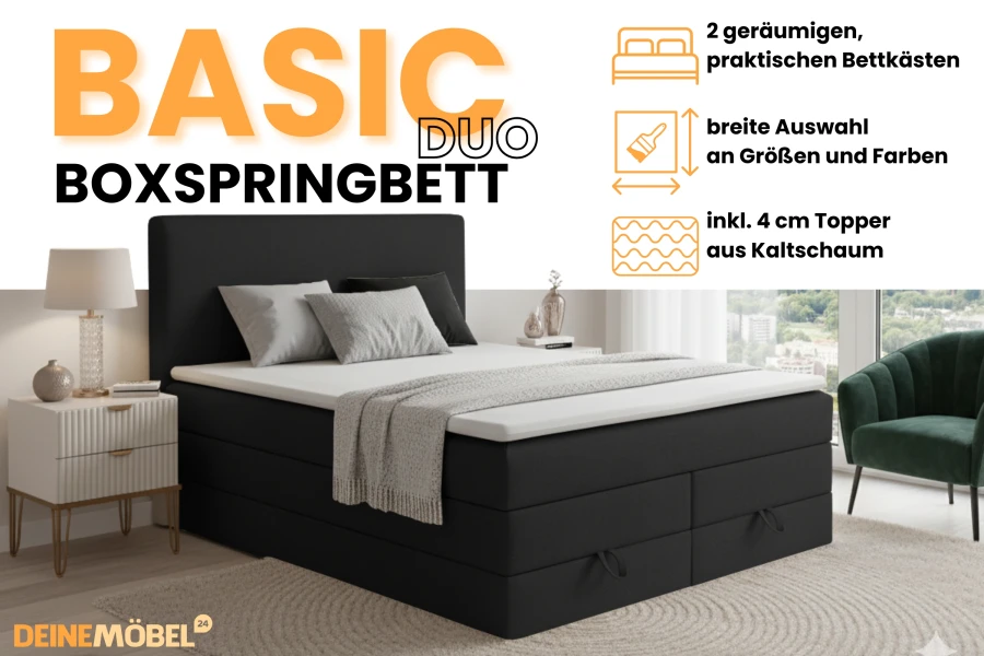 Productvoordelen van het Basic Duo boxspringbed inclusief opbergboxen en koudschuim topper.