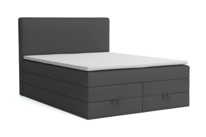 Anthracite box spring bed with two drawers and high headboard.