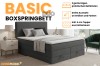 Box spring bed Basic Duo in dark grey with storage box, cold foam topper and product features.