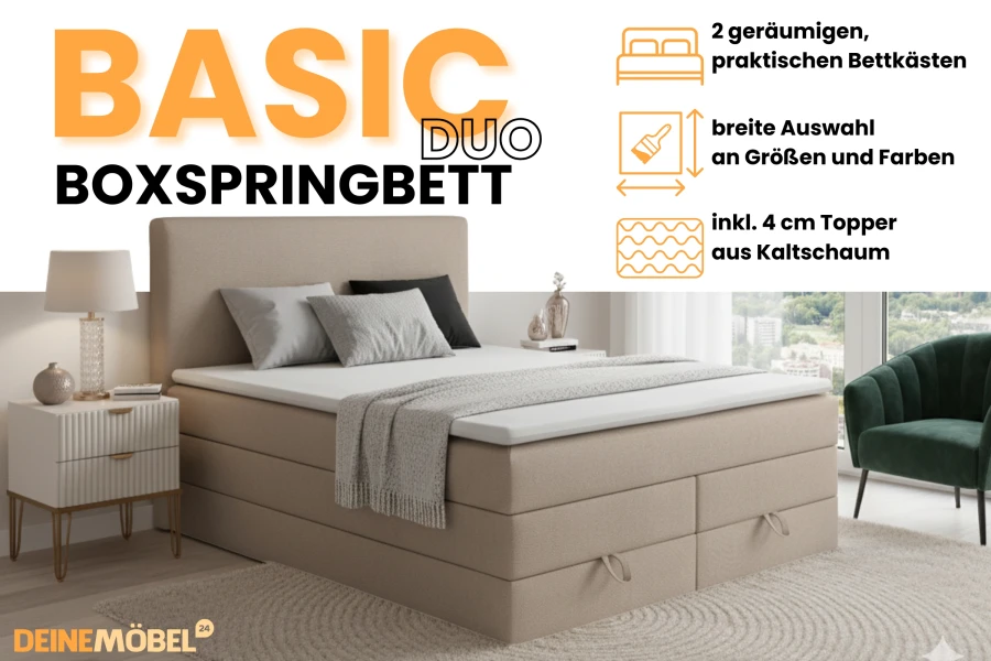 Voordelen van het Basic Duo boxspringbed: opbergruimte, topper en kleurkeuze.
