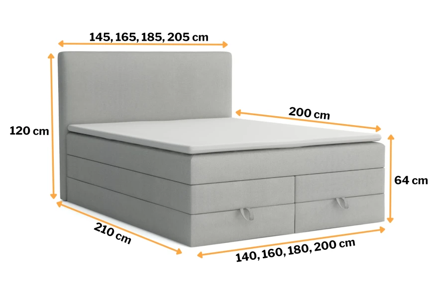 Box spring bed dimensions: Grey bed with storage box, topper and dimensions in centimetres.