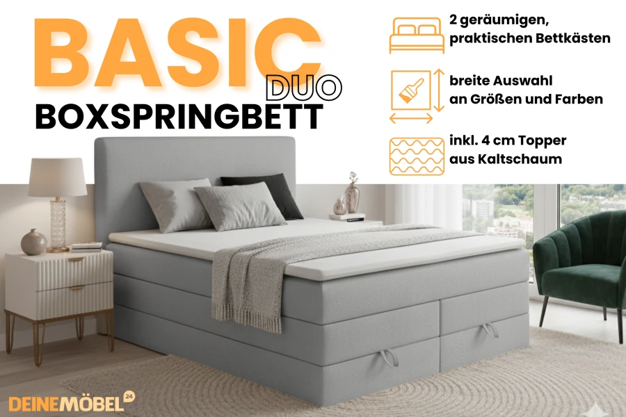 Basic Duo box spring bed infographic: Details on storage space, topper and colour selection.