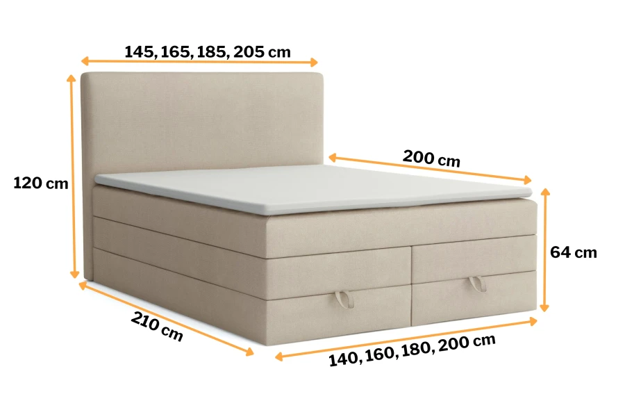 Overzicht van de afmetingen voor het boxspringbed Basic Duo in beige.