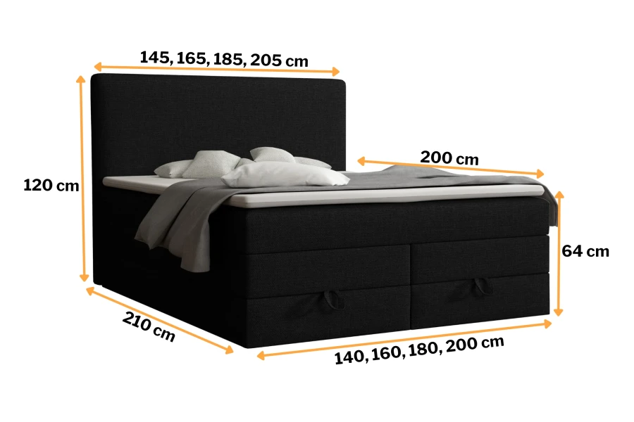 Dimensions of the boxspring bed in black with storage box details and sizes.