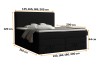 Afmetingen van het zwarte boxspringbed met details over hoogte, diepte en breedte.