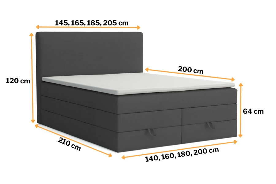 Technische tekening met afmetingen voor boxspringbed: hoogte 120 cm, diepte 210 cm.