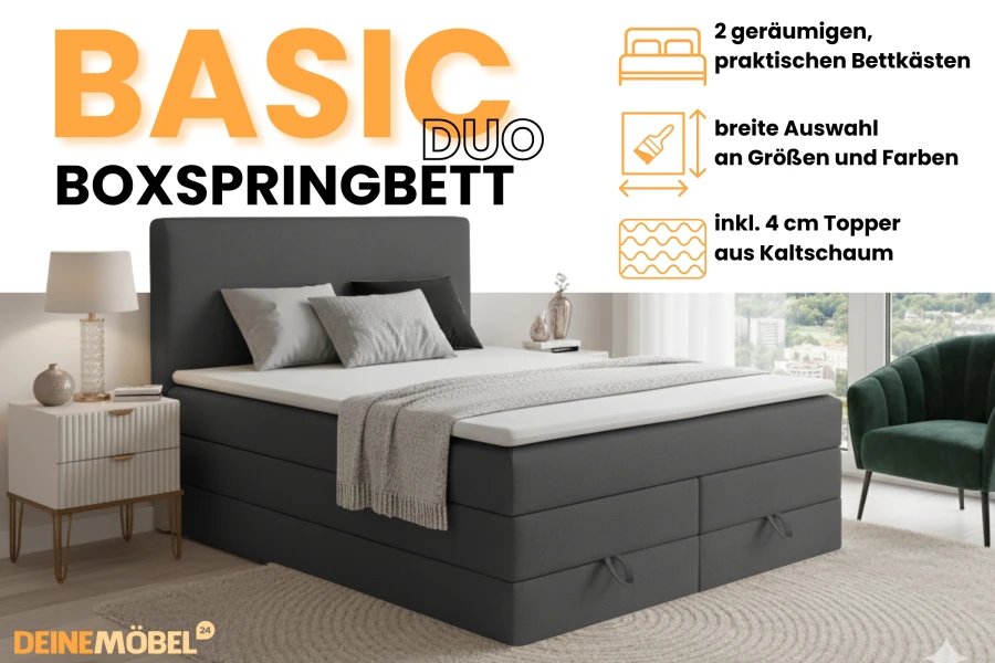 Boxspringbed Basic Duo in grijs met opbergruimte en koudschuim topper in de slaapkamer.