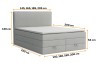 Afmetingen van het grijze boxspringbed: hoogte 120 cm, lengte 210 cm, diverse breedtes.