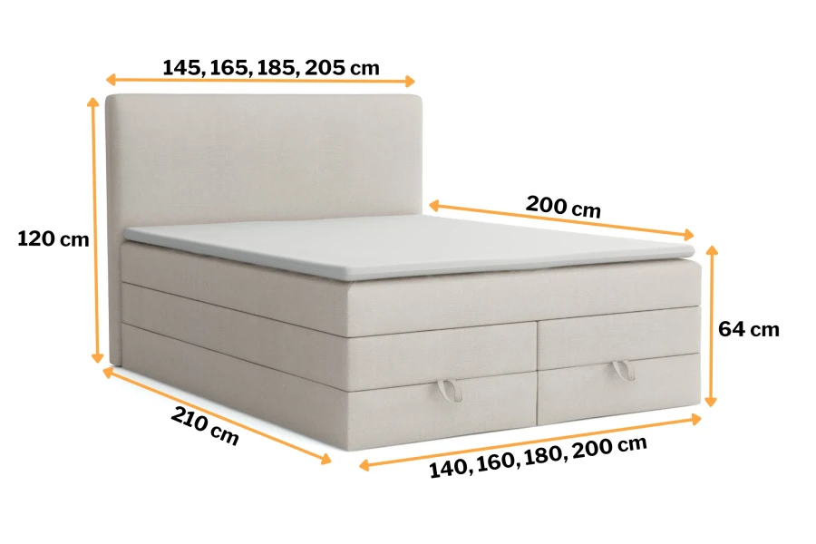Abmessungen des beigen Boxspringbetts mit Bettkasten in verschiedenen Breiten und Längen.