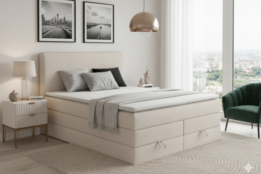 Modernes Schlafzimmer-Design mit beigem Boxspringbett, Sessel und stilvoller Beleuchtung.