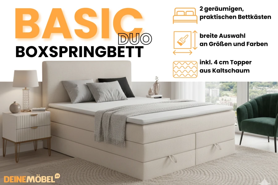 Infografik zum Boxspringbett Basic Duo mit Details zu Bettkästen, Farben und Topper.
