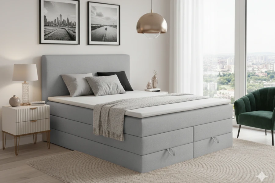 Modernes hellgraues Boxspringbett im Schlafzimmer mit Stadtblick.