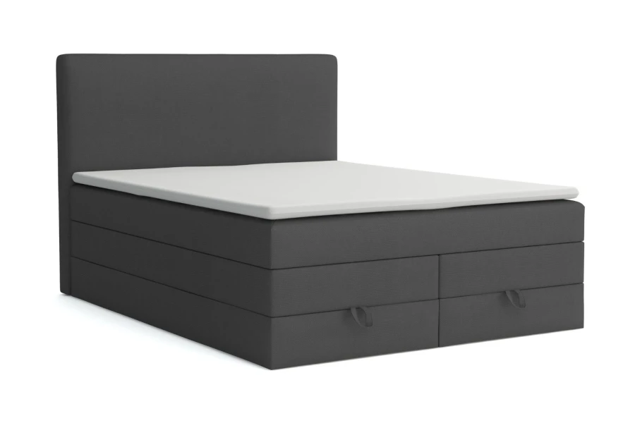 Anthrazitfarbenes Boxspringbett mit Stauraum-Schubladen auf weißem Hintergrund.