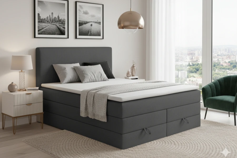 Elegantes Boxspringbett in Grau mit integriertem Stauraum für das Schlafzimmer.