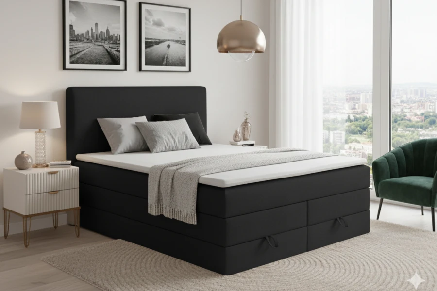 Modernes Schlafzimmer mit schwarzem Boxspringbett, Nachttisch und gemütlicher Atmosphäre.
