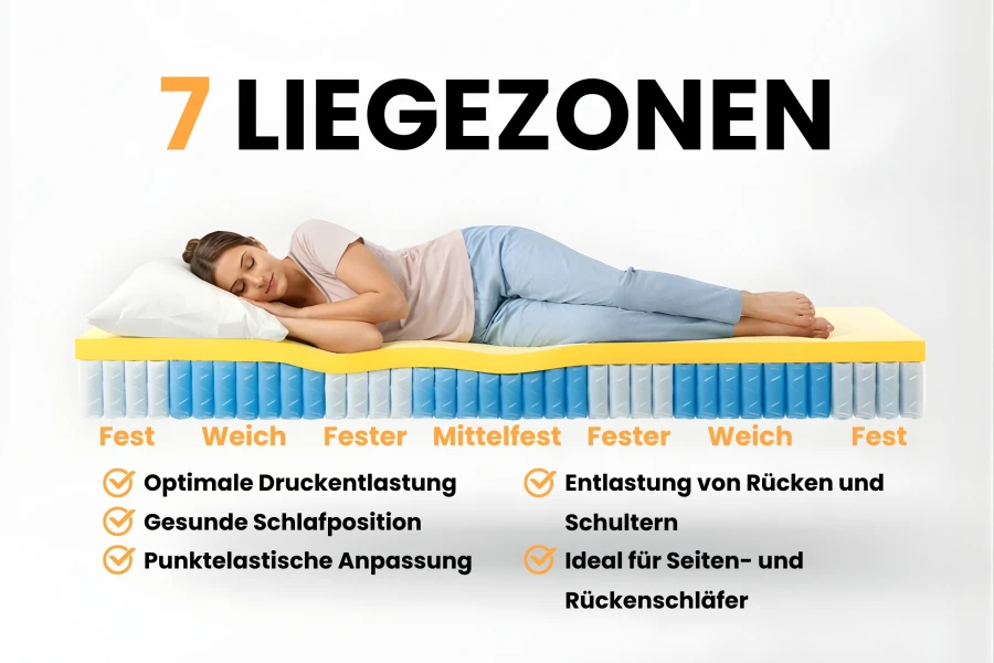 Darstellung der 7 Liegezonen für optimale Druckentlastung und gesunde Schlafposition.