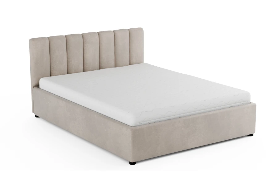 Modernes beiges Polsterbett inklusive weißer Matratze in minimalistischem Design.