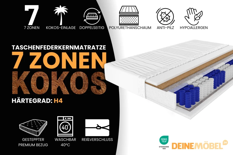 7-Zonen-Kokos-Matratze Härtegrad H4 mit Oeko-Tex Siegel und Produktvorteilen.