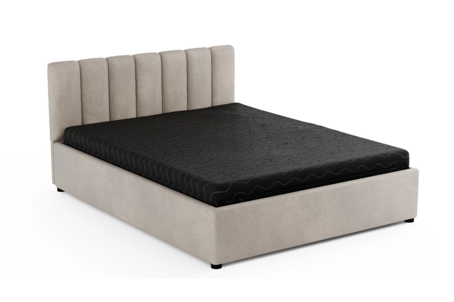 Beiges Polsterbett mit schwarzer Matratze in modernem Design für das Schlafzimmer.