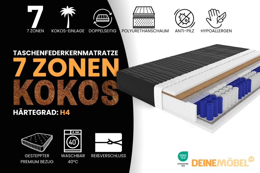 7-Zonen Kokos Taschenfederkernmatratze H4, antiallergisch und waschbar bei 40 Grad.