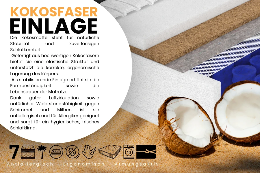 Matratze mit Kokosfaser-Einlage für natürliche Stabilität und ergonomischen Liegekomfort.