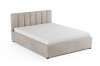 Elegantes Polsterbett in Beige mit weißer Matratze, freistehend auf hellem Hintergrund.