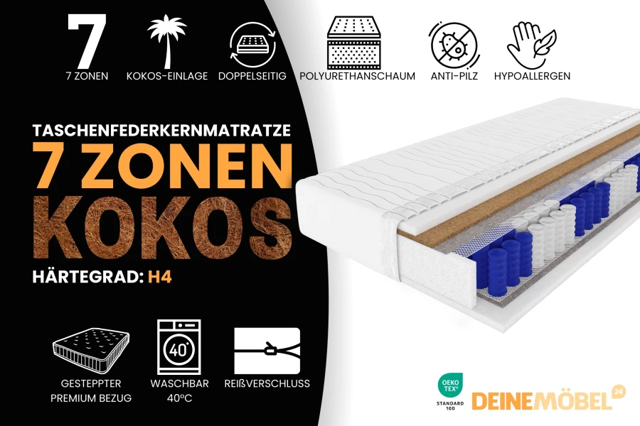 7-Zonen Taschenfederkernmatratze mit Kokosschicht, Härtegrad H4, Oeko-Tex zertifiziert