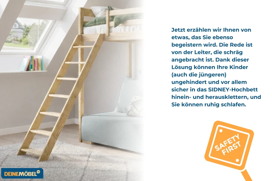 SIDNEY-Hochbett mit schräger Holzleiter für sicheres Klettern im Kinderzimmer.