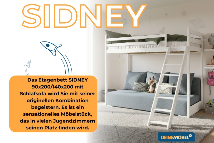 Wit stapelbed SIDNEY 90x200 met geïntegreerde slaapbank voor de kinderkamer.