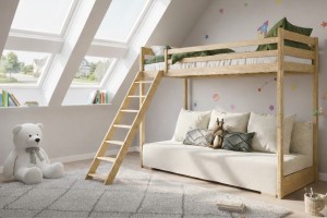 SIDNEY 90x200/140x200 Natur Kiefer Hochbett mit ausziehbarer Couch in beigem Stoff poso 38 Deine Möbel