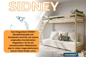 SIDNEY 90x200/140x200 Natur Kiefer Hochbett mit ausziehbarer Couch in beigem Stoff poso 38 Deine Möbel