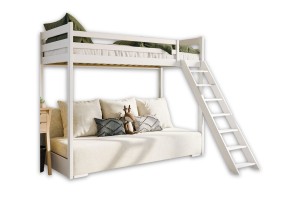 SIDNEY 90x200/140x200 Weiß Hochbett mit ausziehbarer Couch in beigem Stoff poso 38 Deine Möbel