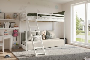 SIDNEY 90x200/140x200 Weiß Hochbett mit ausziehbarer Couch in beigem Stoff poso 38 Deine Möbel