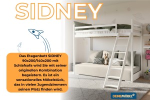SIDNEY 90x200/140x200 Weiß Hochbett mit ausziehbarer Couch in beigem Stoff poso 38 Deine Möbel