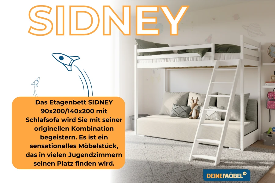 SIDNEY Etagenbett 90x200 und 140x200 mit Schlafsofa für Jugendzimmer.