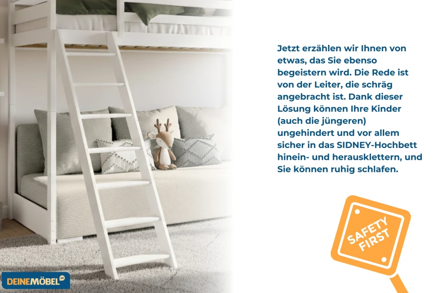 Detailansicht der sicheren Leiter am weißen SIDNEY Hochbett für Kinder.